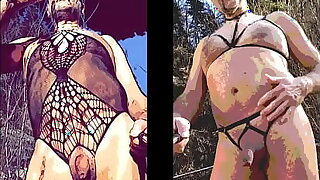 crossdressing nudist presenting his nylon outdoor